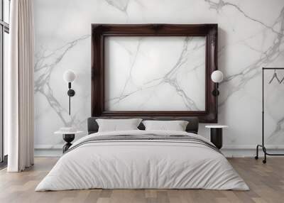 Empty dark raw wood frame, inner free space, white marble wall behind it Wall mural