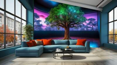 Holographic tree in an empty room, blu sparkles between the branches, 180° screen behind it in the background showing low-poly holo trees landscape on purple gloomy background Wall mural