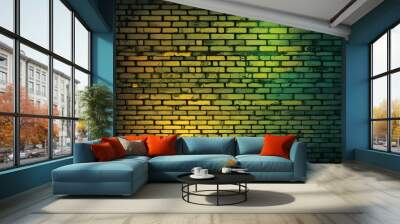 surreal and dreamlike, An industrial-style brick wall featuring intense green and purple lighting, with contrasting dark corners, creating depth and a sense of intrigue in the background., saturated,  Wall mural