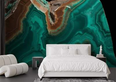 Textured malachite slab displaying swirling patterns of green and black, placed on a wooden surface to provide contrast and warmth to the image., navy blue, white and bold yellow color scheme, golden  Wall mural