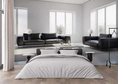 Two black sofas and a coffee table in an empty white room Wall mural