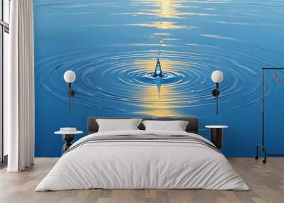 Water droplets splashing on a surface, creating a ripple effect with a blue-tinted background Wall mural