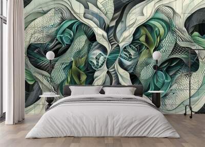   A circle with white and green lines surrounds two fish on a black background Wall mural