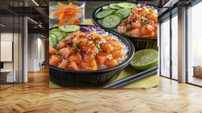   Two bowls of sushi featuring cucumbers, carrots, and cucumber slices on a yellow plate Wall mural