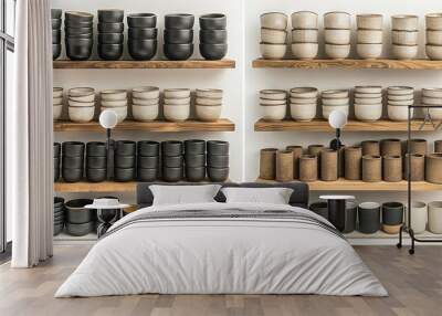  Wooden shelf, lined with B&W vases Wall mural