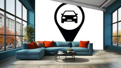 car rental location map pointer, automobile icon with location pin, black symbol isolated on white background, vector marker, parking sign Wall mural