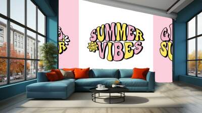 groovy summer lettering set, pink and yellow groovy aesthetic poster design, hippie lettering, retro style t shirt graphics, vector illustration Wall mural