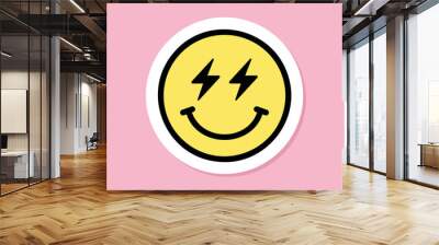 lightning eyes emoji sticker, yellow face with lightning bolt eyes, black outline, cute sticker on pink background, groovy aesthetic, vector design element Wall mural