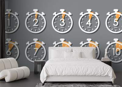 set of timer symbols, 1 to 10 minutes stopwatch symbol, white and orange design elements on grey background, vector icon set Wall mural