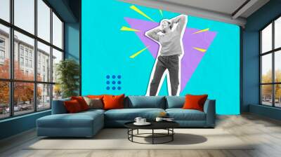 Happy young woman dance listening music, isolated on color background. Trendy collage modern style Wall mural