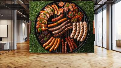 Barbecue grill with different types of meat and sausage on the green grass background, top view, closeup shot. Summer and green grassy field. Wall mural