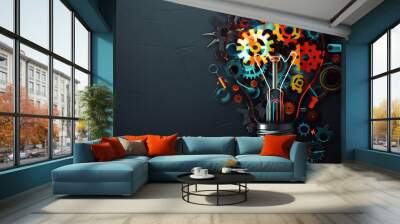 Bright Light Bulb with Gears and Tools on Black Backdrop: Marketing Strategy Idea. Wall mural