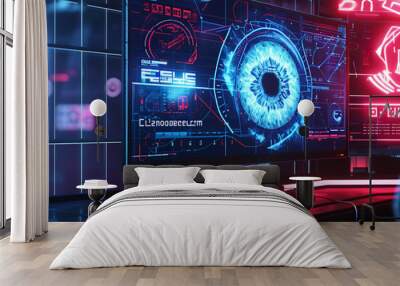 cyberpunk, hologram Eye, cyberpunk monitor on wall, hologram eye, holographic eye, PINK AND BLUE NEON LIGHT, SciFi. Wall mural