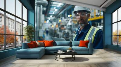 engineer in full safety attire, including a helmet and reflective vest. - factory interior exuding confidence and control. He holds a laptop, sophisticated design and the factory's clean, organized. Wall mural