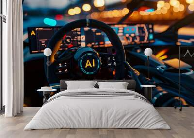 Futuristic Car Dashboard: Illuminated Panels Displaying 'AI', Signaling the Rise of Artificial Intelligence in the Automotive World Wall mural