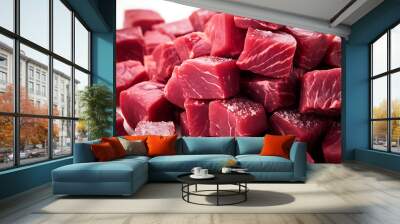 raw beef steak cubes with rosemary - Meat, Top view, commercial design. - White background Wall mural