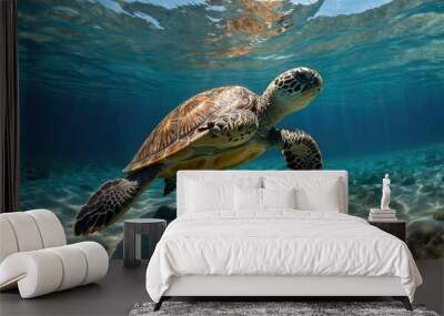  tranquil scene of sea turtles gliding through azure waters, illuminated by the dappled sunlight filtering through the waves  Wall mural