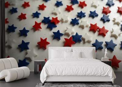 A patriotic array of scattered red, white, and blue stars on a clean white backdrop Wall mural