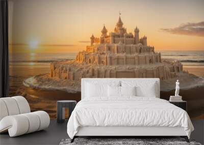 As the sun sets over the ocean,a sandcastle is revealed, complete with intricate details and a moat of frosting Wall mural