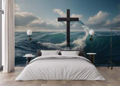 Christian Cross in the sea with waves Wall mural