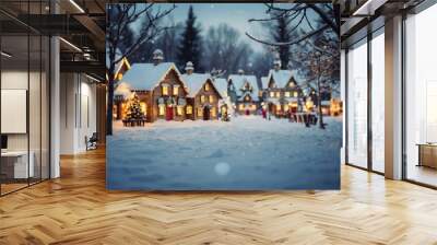 Christmas village with Snow in vintage style. Winter Village Landscape. Christmas Holidays Wall mural