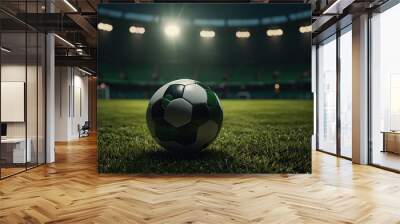 Cinematic photo of football ball placed on green lush soccer stadium illuminated by spotlight in evening Wall mural