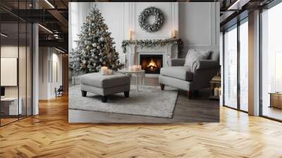 Classic white Christmas interior with new year tree decorated. Fireplace with grey chair, clocks on the wall and presents under the tree Wall mural