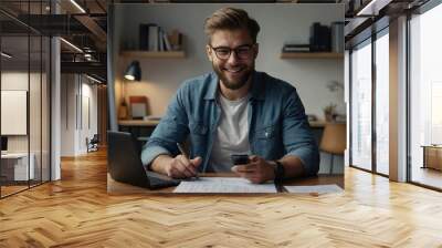 Confident man sitting at desk taking break in work with electronic documents on laptop to make answer telephone call, Smiling young guy freelancer synchronize data between home computer and smartphone Wall mural