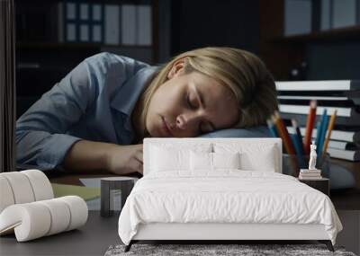 Exhausted young Caucasian female employee sleep desk at office overwork preparing report, Tired woman fall asleep doze off at workplace, work late to meet deadline, Fatigue, exhaustion concept Wall mural