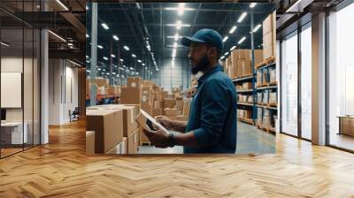 Futuristic Technology Retail Warehouse Worker Doing Inventory Walks when Digitalization Process Analyzes Goods, Cardboard Boxes, Products with Delivery Infographics in Logistics, Distribution Center  Wall mural