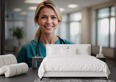 Portrait of a happy female doctor, nurse or surgeon in scrubs Wall mural