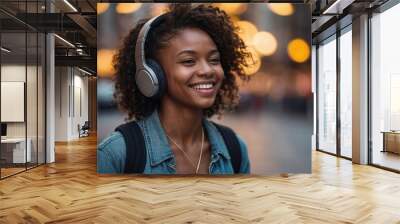 Portrait of smiling young African American woman with wireless headphones in city Wall mural