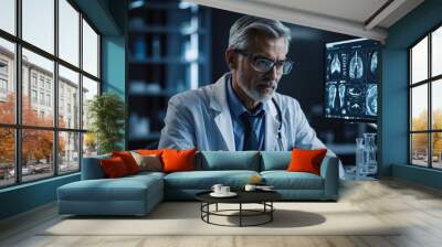 Professional doctor using AI and technology to diagnosis disease at futuristic laboratory. Skilled scientist using innovation technology to research and analyzing human symptom with hologram Wall mural