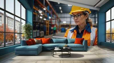 Professional Heavy Industry Engineer Worker Wearing Safety Uniform and Hard Hat, Using Tablet Computer. Serious Successful Female Industrial Specialist Walking in a Metal Manufacture Warehouse Wall mural