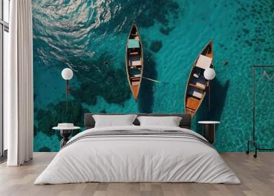 View from above, stunning aerial view of two long tail boats floating on a turquoise water Wall mural