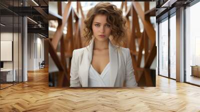 A female editorial model posing in a modern library, highlighting contemporary and intellectual fashion. Wall mural