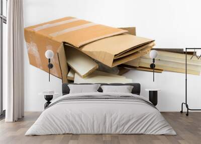 a pile of construction debris (plastic, MDF, aluminum, cardboard) in a brown cardboard box on a white background Wall mural