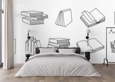 Books outline sketch set. Bookstore, library line symbols. Pile of books silhouettes. Closed and open books. Library, book shop icons. Wall mural