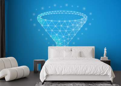 Funnel low poly symbol with white connected dots. 3d geometric polygonal Big data. Data filter, sale strategy, client flow design vector illustration. Wall mural