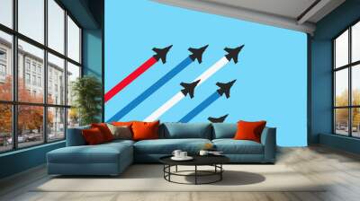 Military fighter jets with trails on a blue background. Vector airplane show illustration Wall mural