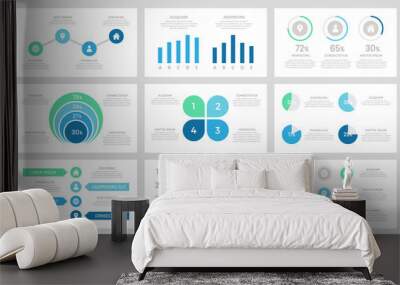 Set of grey, green, turquoise and blue elements for multipurpose presentation template slides with graphs and charts. Wall mural