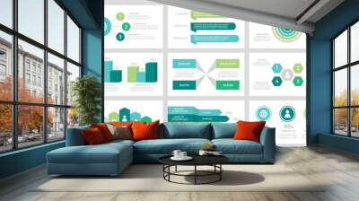 Set of grey and green, turquoise, blue elements for multipurpose presentation template slides with graphs and charts. Wall mural