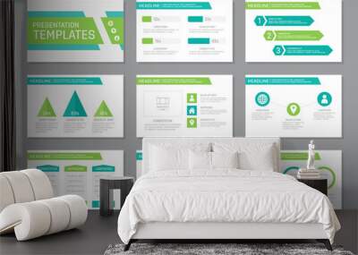 Set of turquoise and green template for multipurpose presentation slides with graphs and charts. Leaflet, annual report, book cover design. Wall mural