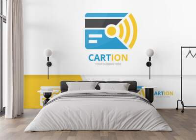 Vector credit card and wifi logo combination. Gift and signal symbol or icon. Unique discount and radio logotype design template. Wall mural