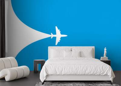 White plane symbol on a blue background. Airplane flight path banner Wall mural