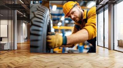 A bearded mechanic in a yellow uniform is focused, adjusting a tire in a well-lit automotive garage, highlighting the intricacies of the car repair industry. Wall mural