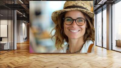 A cheerful image of a smiling woman wearing glasses and a straw hat, captured in a store, radiating joy and positivity. She wears casual attire with a beaded necklace. Wall mural