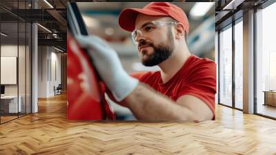 A dedicated man wearing red outfit and gloves closely examines the surface of a car in a modern auto workshop, ensuring high-quality craftsmanship and finish. Wall mural