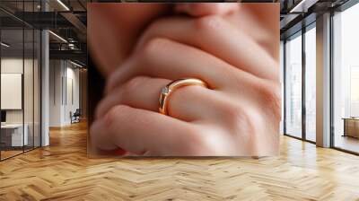 A detailed close-up image of a gold engagement ring with a single diamond, worn on a woman’s hand, highlighting elegance, commitment, and timeless design. Wall mural