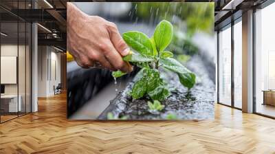 A hand carefully pulling a young plant from a gutter overflowing with rainwater against a natural backdrop, emphasizing the interaction of human care and nature. Wall mural